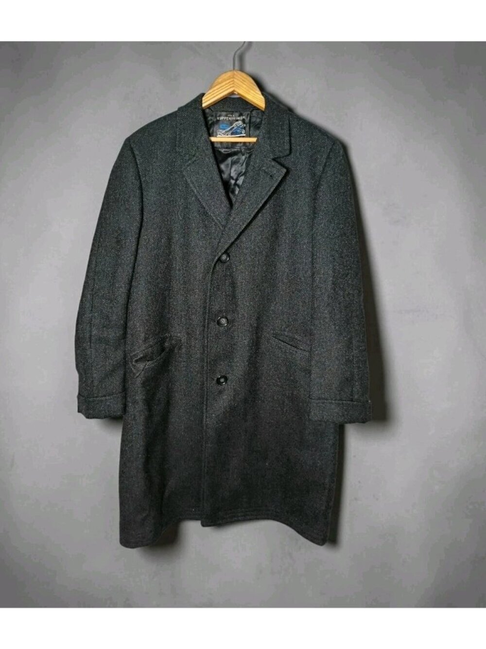 Kuppenheimer Tiger Twist 60s Mens Wool Tweed Overcoat 46 Vtg Black Classic Union